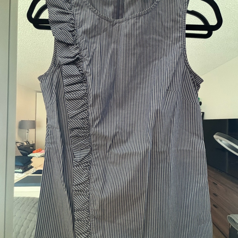 Banana Republic Navy and White Pinstripe Sleeveless Top with Ruffle Detail